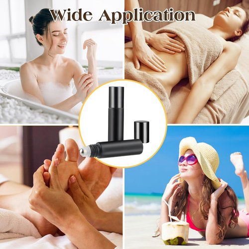 Mirrline 20 Pcs 10ml Roller Bottles Black Frosted Glass Bottle with Stainless Steel Roller Balls & Aluminum Screw Cap for Perfume Essential Oil Lip Gloss, 1 X Opener, 2 X Pipette Droppers