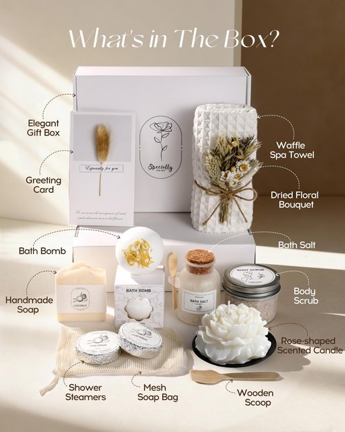 Coralogo Coconut Spa Gifts for Women - 12pc Self-care Spa Gift Basket with Bath Salt, Greeting Card - Thinking of You Basket for Her Birthday, Christmas, Mother's Day, Valentine's Day