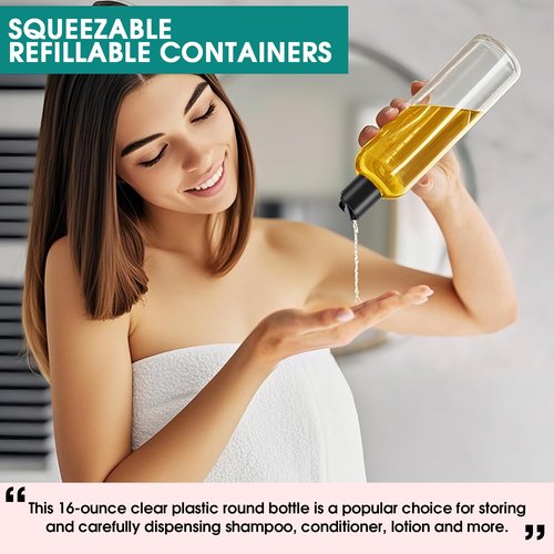 3Pcs 16 oz Clear Plastic Refillable Travel Shampoo and Conditioner Bottles with Black Disc Top Caps，Squeeze Empty Bottles Cosmetic Containers for Lotions, Body Soap Cream