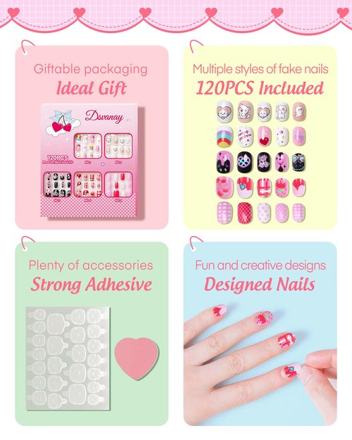 120PCS 5 Pack Press on Nails for Kids,Tweens Girls Soft Fake Nail Kit, Reusable Creative Design Nails, Full Cover Glitter Stick on Nails Girl Nails for Ages 8-12