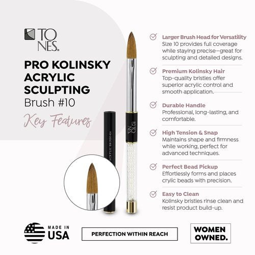 Tones Kolinsky Professional Pure Acrylic Nail Brush - 100% Sable Hair for Sculpting and 3d Nails Art Extension Premium Nail Art Brush for Acrylic Application with Protective Cap Ultra Precise (#10)