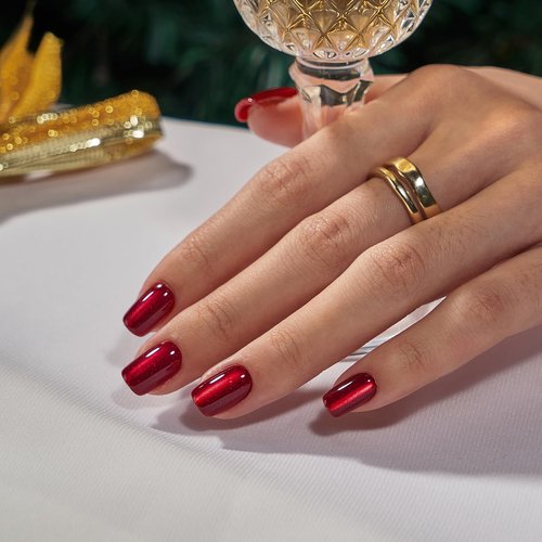 BTArtbox Press On Nails Red - Cat Eye Press On Nails Square for Gifts,Cherry Short Stick On Nails with Glue, Glossy Reusable Nail Tips in 15 Sizes - 30 Soft Gel Fake Nails Kit, Hot Love