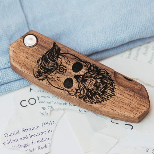 Beard Comb Gifts for Him Wooden Comb for Men Folding Pocket for Moustache Hair Walnut Combs Husband with the Engraving (Skull)
