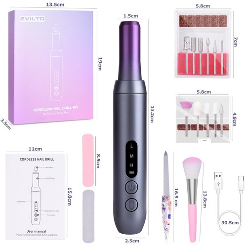 EVILTO Electric Nail Files Cordless, Professional Nail Drill LCD Display With 12 Bits 30000RPM Rechargeable Manicure Pedicure EFile For Gel Nail Polish Acrylic Nails Thick Toenails Removal,Grey purple