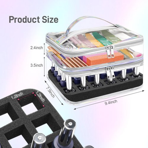 Beloving Nail Polish Organizer, Clear Double Tier Nail Storage Organizer Case Holds 30 Bottles, Portable PVC Nail Tech Bag with Dividers, Nail Polish Supplies Travel Case for Display