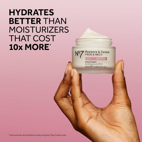 No7 Restore & Renew Multi Action Face & Neck Cream - Anti-Aging Moisturizer with SPF 30 - Hydrates & Firms Crepey Skin - Infused with Hyaluronic Acid, Peptides & Ceramides (1.69 Oz)