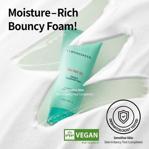 BRING GREEN Tea Tree Cica Cleansing Foam - Gentle Exfoliating Cleanser for Sensitive Skin (10.1 Fl. Oz., 300ml)