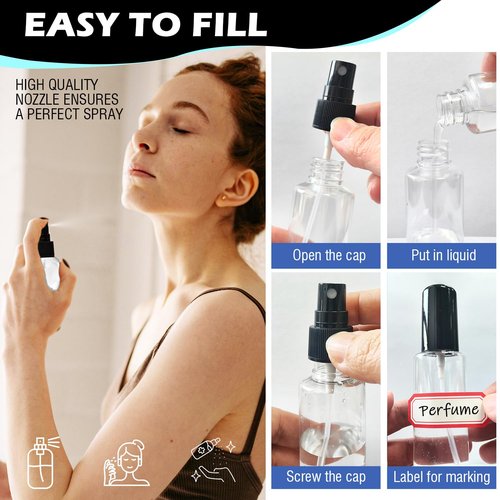 DupakSYS 20 Pack 2oz/55ml Plastic Spray Bottles Mini Travel Spray Bottle with Black Cap Empty Fine Mist Spray Bottles Refillable Liquid Container for Perfumes Travel Makeup