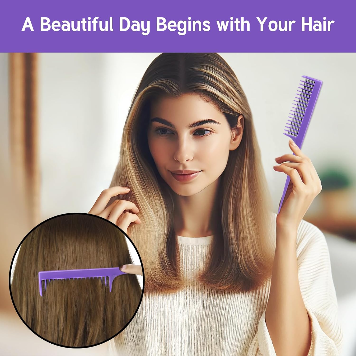 Teasing Comb Set by Professional - 3 Pack Tail Combs for Root Teasing & Volume - 8.15 Inches, Black, Magenta & Purple