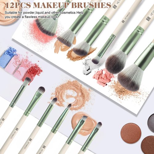HEYMKGO Makeup Brushes, 12 Pcs Professional Makeup Brush Set Premium Synthetic Foundation Powder Blush Concealer Blending Eyeshadow Lip Eyebrow Make Up Brushes Kit with Travel Bag