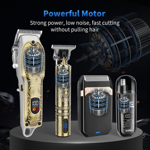 HIENA PRO Hair Clippers for Men Professional, Cordless Barber Clipper and T-Blade Beard/Hair Trimmer Set, Electric Razor Foil Shaver Nose Trimmer Barber Kit, Men's Hair Cutting Kit