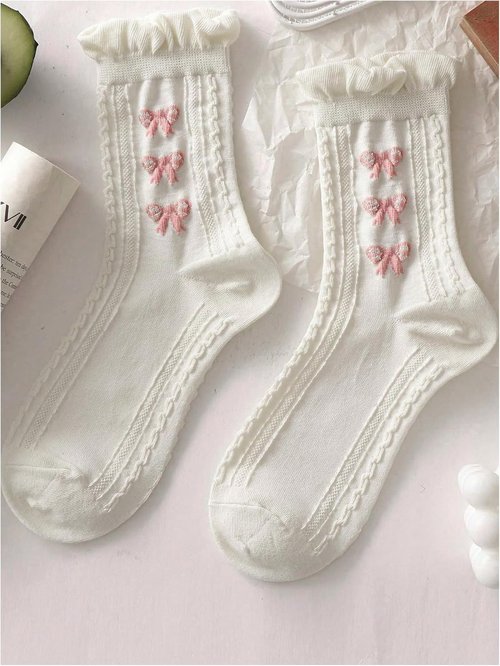 SHENHE Women's Cute Ruffle Crew Socks - 5 Pairs with Bow Print | Knitted Mid Calf Design