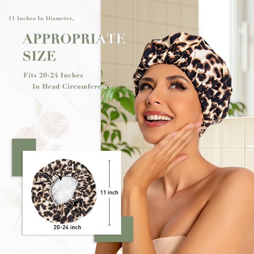 Reusable Shower Cap for Women, Large Waterproof Shower Essentials Bonnet Washable Elastic Band Bath Hair Wrap Hat for Long Hair, Braids(Leopard)