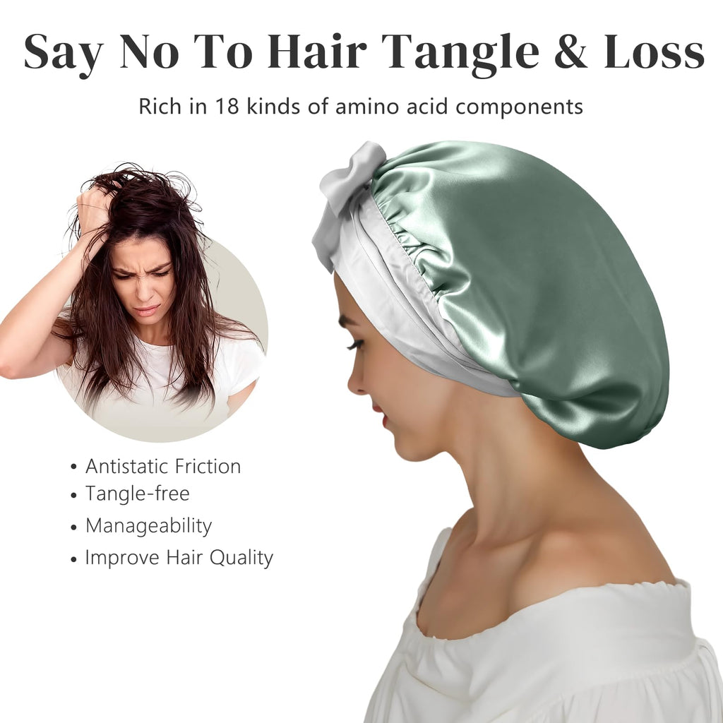ZIMASILK 100% Mulberry Silk Bonnet for Sleeping Women Double-Layered Breathable Hair Wrap with Silk Tie Band - Reducing Hair Friction (1Pc, Grayish Green)