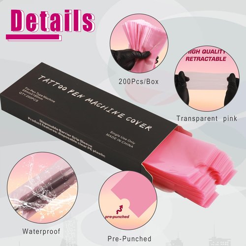 Anghie Tattoo Machine Pen Covers with 6pcs Pink Grip Tape Wrap,200Pcs Large 2.56 X 7.09 inch Machine Wrap, Combination Grip Tattoo Machine Covers Self-Adhesive Tape Wrap
