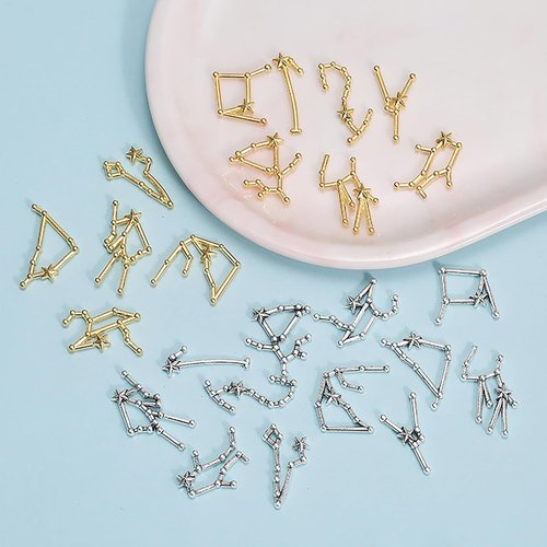 72pcs Zodiac Letter Nail Charms for Acrylic Nails Alloy Twelve Constellation Zodiac Sign Silver Gold Charm Jewels Studs Hollow Letter Nail Art Nail Decoration DIY Craft for Women Girls Manicure