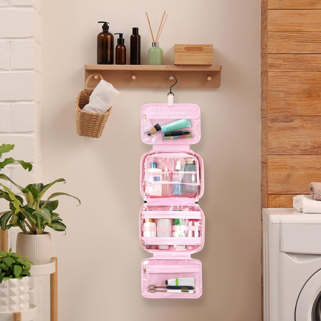 Voova Hanging Travel Toiletry Bag for Women Men, Waterproof Makeup Cosmetic Organizer Holder for Toiletries Accessories, Traveling Essentials,Shampoo,Full-Sized Container, Brushes Kit Set, Pink