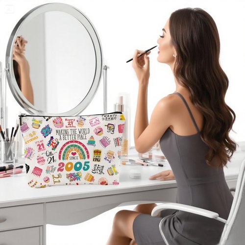 NONETH 21st Birthday Gifts for Her, 21 Year Old Birthday Gifts for Her, Sister, 2005 Birthday Makeup Bag & Travel Toiletry Bag, Unique Happy 21st Birthday Decorations & Party Favors & Gifts for Women