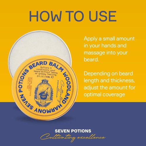 Seven Potions Beard Balm - 100% Natural Softener with Jojoba Oil | Nourishes, Softens & Stops Itch (2 oz, Woodland Harmony)