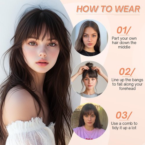 Benehair Clip on Bangs for Women Human Hair, Fake Bangs Clip Human hair, Middle Part Clip in Hair Extensions Hair Pieces with Temples for Daily Wear (Dark Brown)
