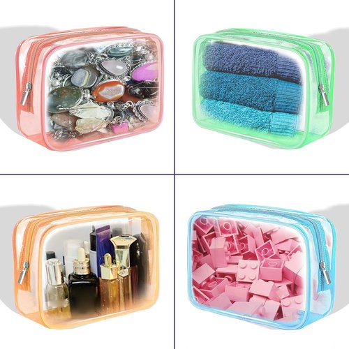 Skiennix Clear Makeup Bag Set - TSA Approved Toiletry Organizer | 4 Small Cosmetic Pouches in Pink, Orange, Green, Blue