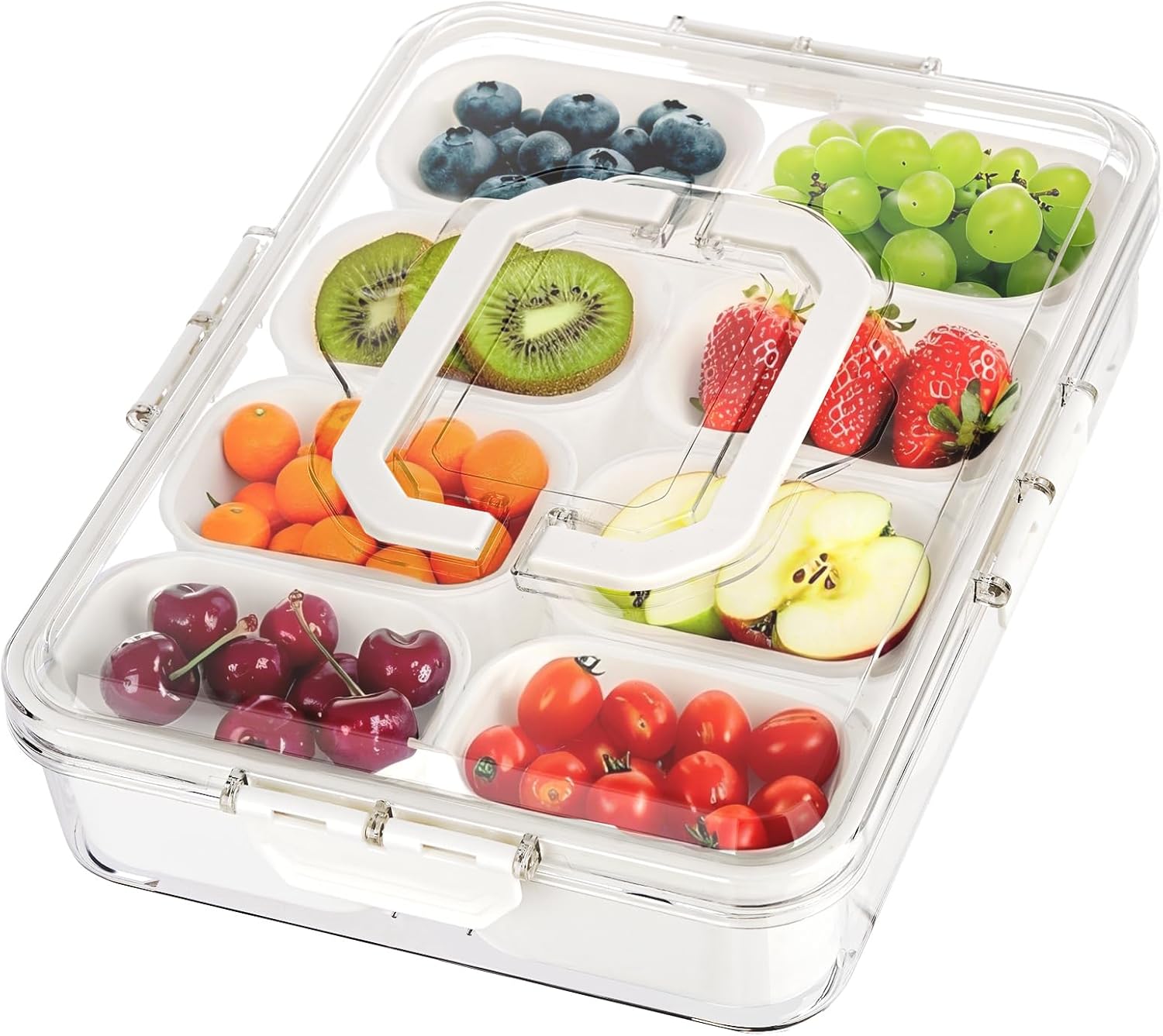 Snackle Box | 8-Compartment Portable Snack Container with Lid & Handle - Clear Serving Tray for Parties