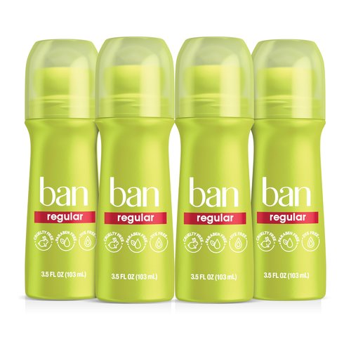 Ban Invisible Roll-on Antiperspirant Deodorant for Women and Men, 24-hour Underarm Odor & Sweat Protection, Regular Scent, 3.5 Oz, Pack of 4