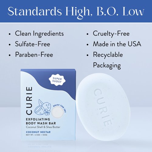 Curie Coconut Nectar Exfoliating Body Wash Bar – Natural, Vegan, Sulfate-Free Formula for Gentle Exfoliation & Soft, Radiant Skin (3PK)