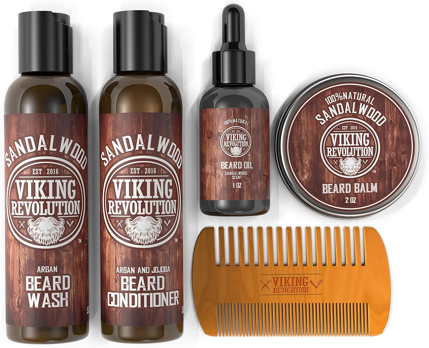 Viking Revolution Ultimate Conditioner for Men's Beard Grooming - Softens, Smoothes and Soothes Beard Itch- Contains Wash, Conditioner, Oil, Balm and Comb- Sandalwood Scent