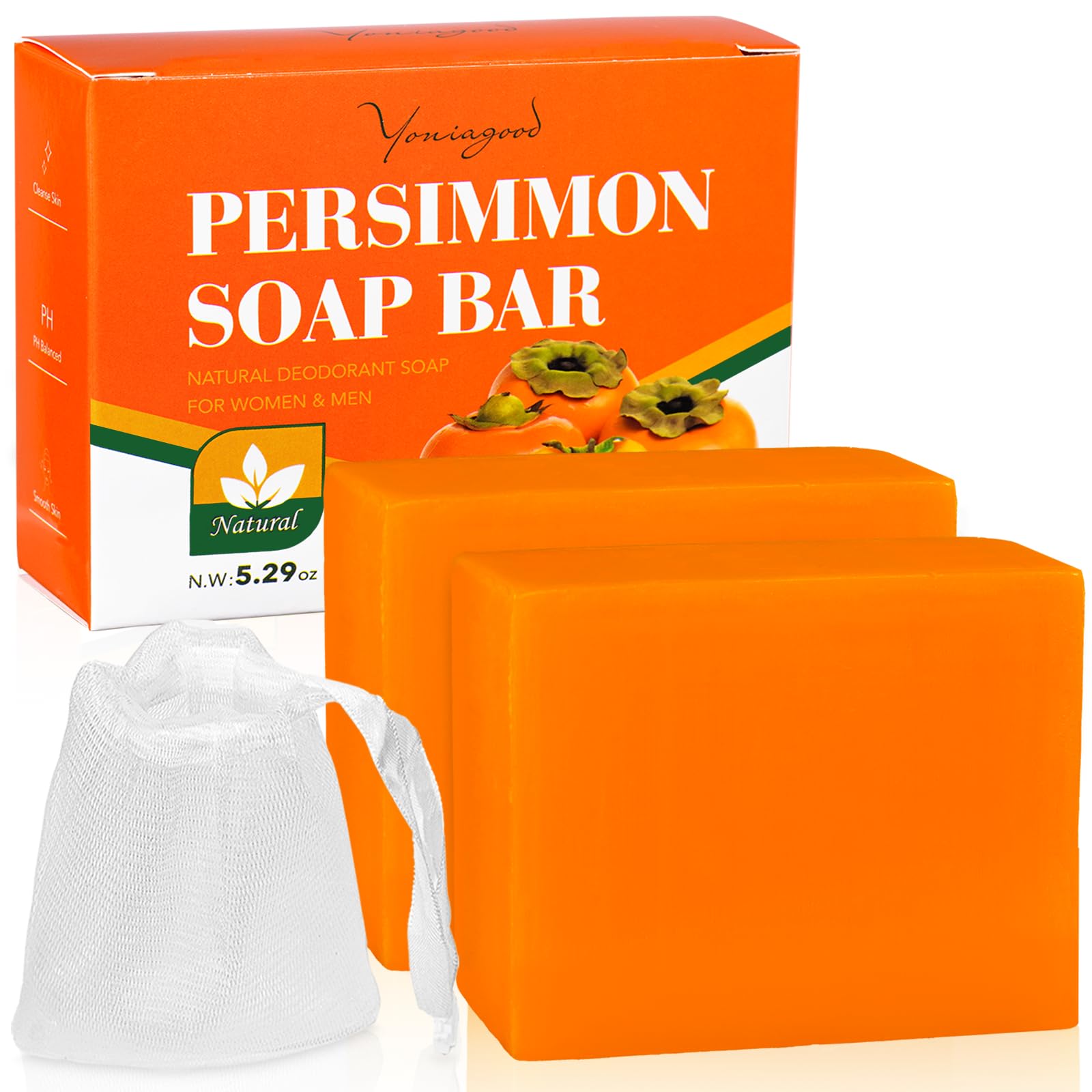 yoniagood 2 PCS Persimmon Soap Bar for Old People Smell, Natural Body Odor Control Bar Soap for Men & Women Deodorizing, Handmade Bath Bar Soap for Eliminating Strong Smell Odor Deeply Cleansing