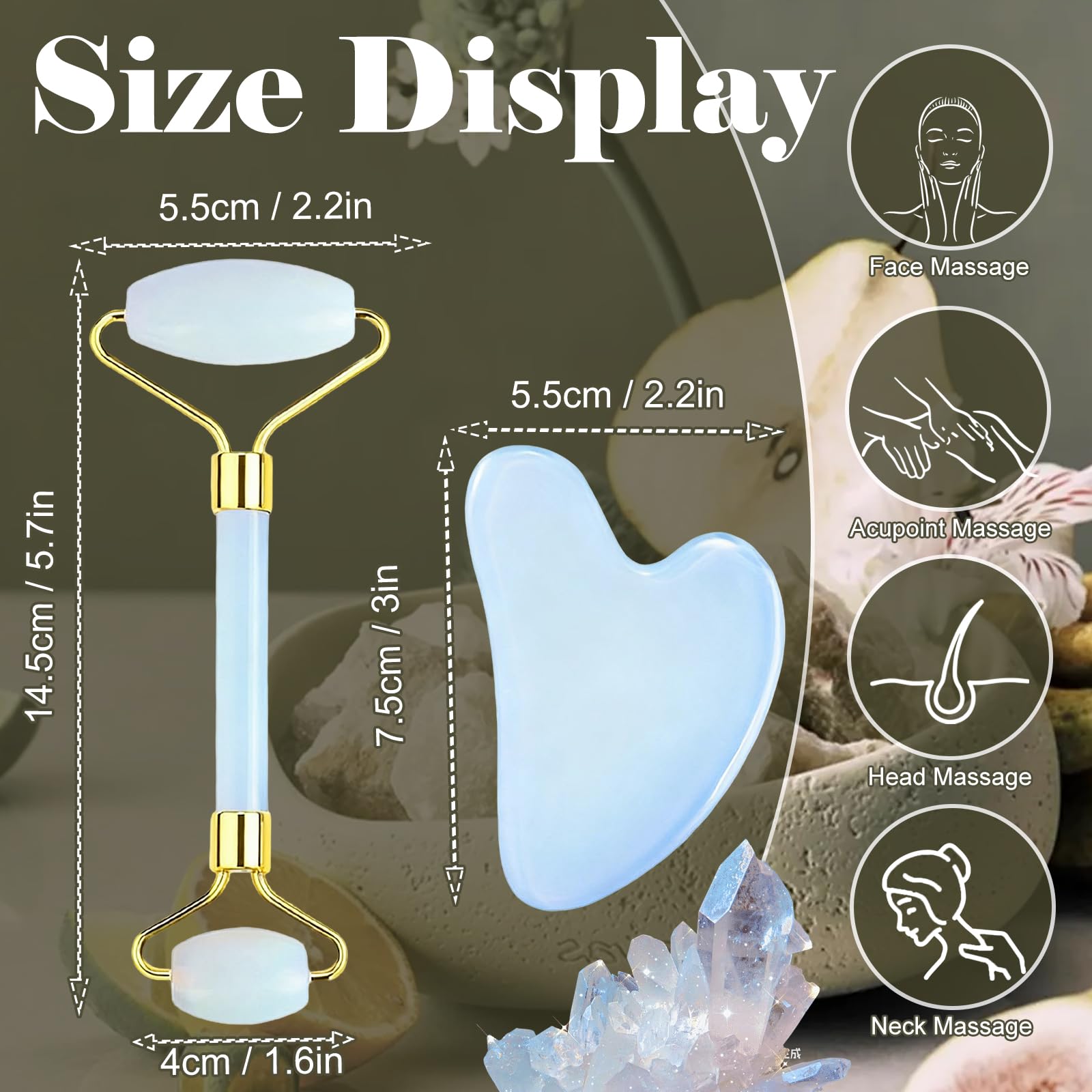 Werncy Jade roller and gua sha, facial roller, women's skincare tool, self-care gift, face, eye, neck massager, relieves fine lines and wrinkles, aventurine, opal, rose quartz