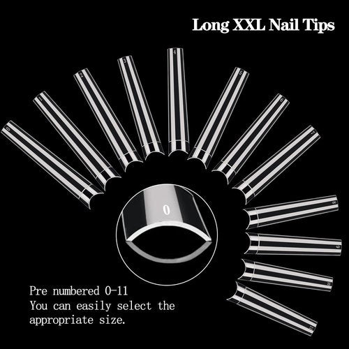 600PCS No C Curve Coffin Nail Tips for Acrylic Nails Professional, XXXL Clear Coffin Nail Tips, 12 Sizes Extra Long Acrylic Nails Tips Flattened Half Cover Fake Nails for Salons and Home DIY