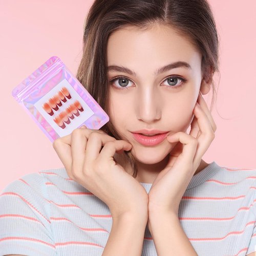 100PCS Press on Nail Packaging Bag and 100PCS White Cardboard Nail Tips Packaging Bags Empty Holographic Nail Storage Bags with 1 Roll Transparent Tape for Press on Nail Business (Pink, small)