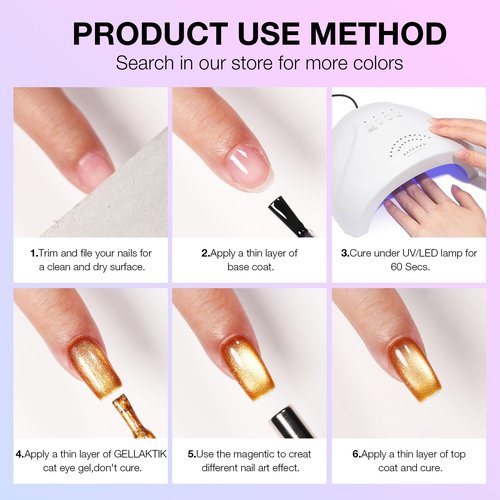 GELLAKTIK Cat Eye Gel Nail Polish Set, 6 Colors 12ML Spring Summer Glitter Magnetic Nail Polish Gel with Magnet, Soak Off UV LED for Home Salon Manicure Gift for Women