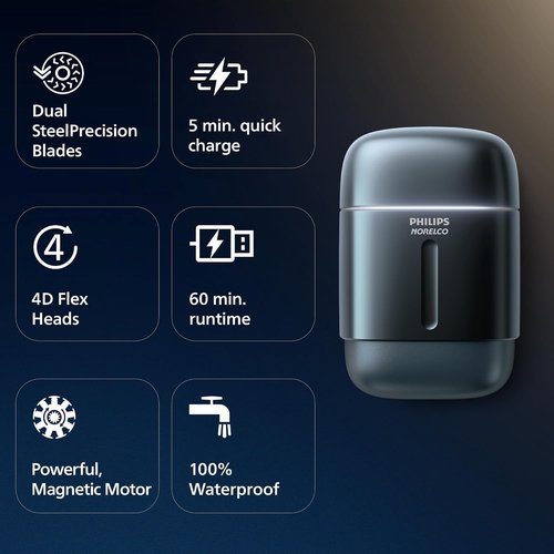 Philips Norelco Shaver 700 Series - Compact Electric Shaver with Dual Steel Precision Blades & 4D Flex Heads | Wet & Dry Shave, Travel Case, Model S794/94