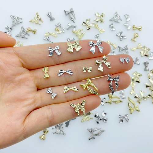 70Pcs Bow Nail Charms,Silver Gold Nail Art Charms Bows Nail Gem Stones,3D Metal Alloy Bowknots Butterfly Charms for Nails, Small Nail Jewels Jewelry Decoration Stuff Supplies for Craft DIY
