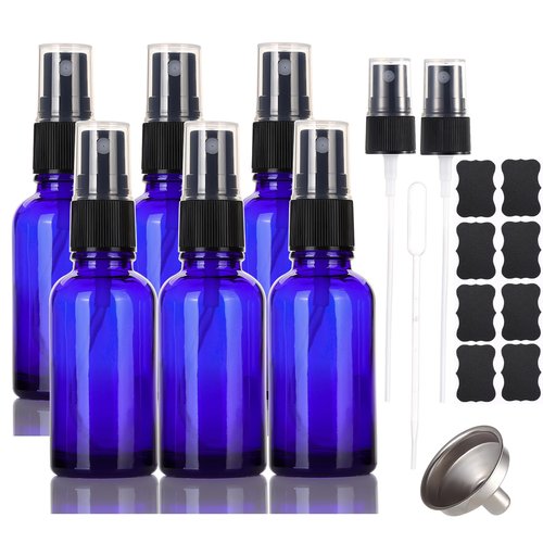 ALIFEIA 1 oz Glass Blue Spray Bottles,Small Empty Fine Mist Refillable Travel Spray Bottle for Cleaning,Perfume,Aromatherapy,Cosmetic Sprays,Hair,Essential Oils with Fine Mist Dispenser（6 Pack）