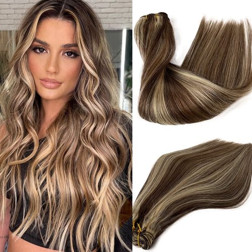 Smartinnov Ombre Blonde Hand Tied Weft Hair Extensions Brown with Blonde Highlights Human Hair Sew in Hair Extensions Silky Straight Double Weft 4/613 Blonde Balayage Bundles for Sew in 12 Inch 80G