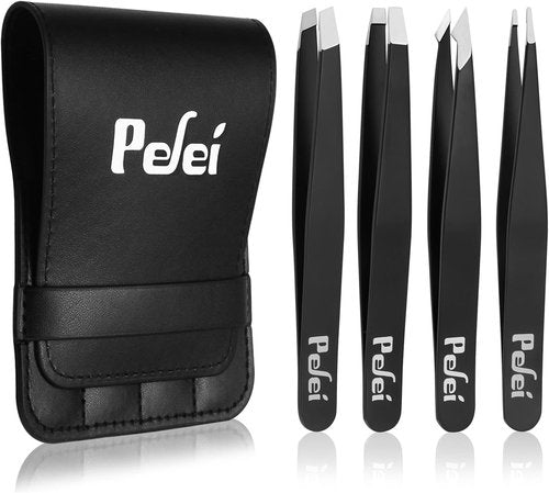 Pefei Tweezers Set - Professional Stainless Steel Precision Tweezers for Eyebrow & Facial Hair Removal | Black