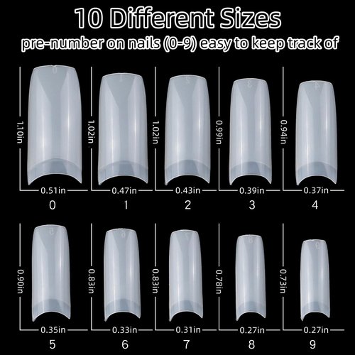 1000pcs Clear and Natural Acrylic Nail Tips,10 Size French Nail Tips For Acrylic Nails Half Cover False Nails Extension Artificial Fingernails
