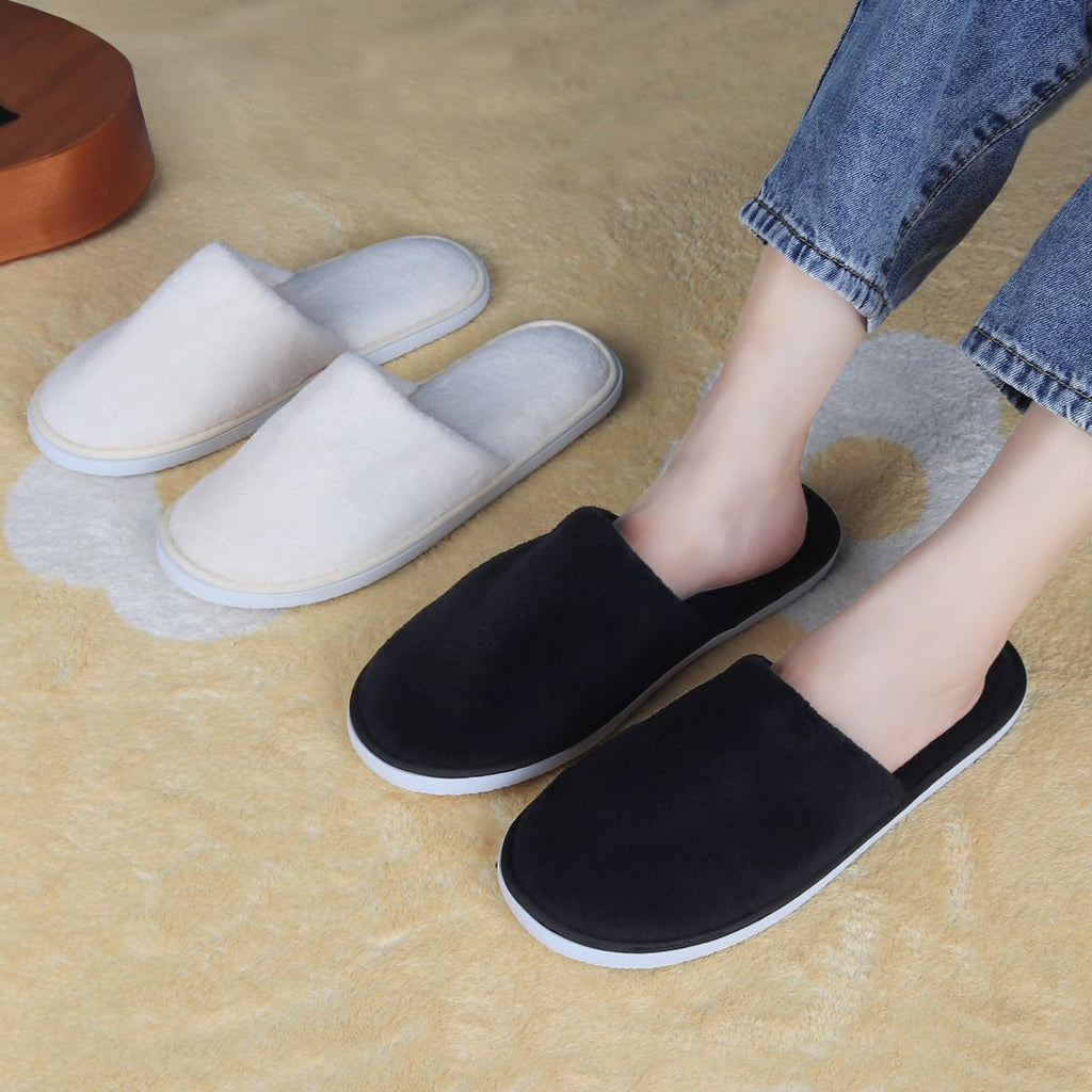 Yeios Disposable Slippers for Guest 12 Pairs Hotel Slippers Spa Slippers for Travel,0.78inch Extra Thick Sole 180GSM Coral Fleece Non-slip Reusable Washable,Two Size for Women and Men Beige and Black