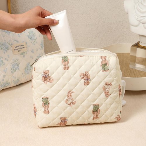 RSRSLEII 3Pcs Aesthetic Cotton Quilted Drawstring Makeup Bag Set, Aesthetic Cute Bow Makeup Pouch for Girls and Women, Aesthetic Travel Organized Cosmetic Bags for Purse(01Bear)