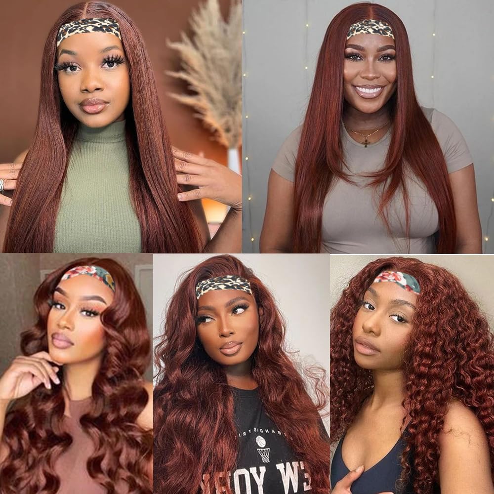 YiweYowe 22 Inch #33 Reddish Brown Headband Wig Human Hair 150% Density Grade 8A Unprocessed Brazilian Virgin Hairs Machine Made Auburn Brown Straight Headband Wig Human Hair None Lace Front Wig