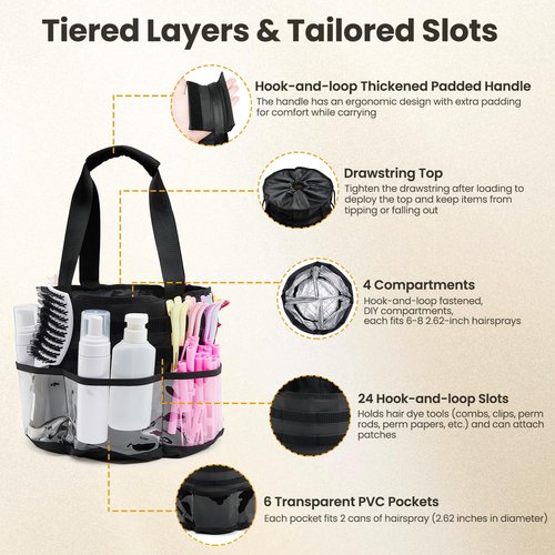 PUMHUBO Hairstylist Travel Bag, with Dust Cover, 11L Large Capacity, Heat-Resistant Interior, Clear Pockets, 24 Hook-and-loop Slots, Top Drawstring, Makeup & Pet Grooming Supplies Organizer
