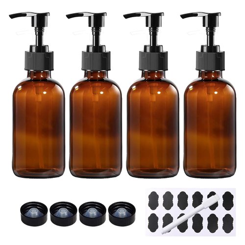 BPFY 4 Pack 8 oz Amber Glass Pump Bottles, Boston Round Bottles with Pumps for Lotion, Soap, Massage Oils, Refillable Containers with Caps