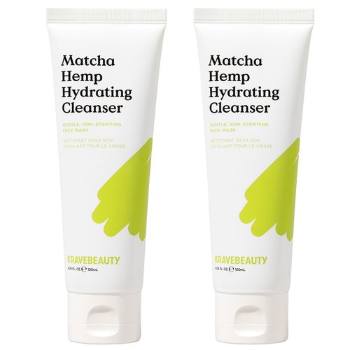 KraveBeauty Matcha Hemp Hydrating Cleanser for Sensitive Skin, 2 Pack, Gentle, Non-Stripping Face Wash with Matcha, Hemp Seed Oil & Glycerin, Fragrance Free, 2 x 120ml