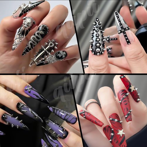 qiipii Metallic Black Silver 3D Mini Metal Punk Bullet Rivet Nail Charms Flat Bottomed Alloy Pointed Cone Spike Nail Art Rhinestones Pearls Gems Studs Steel Beads Balls for Acrylic Nails Goth Manicure