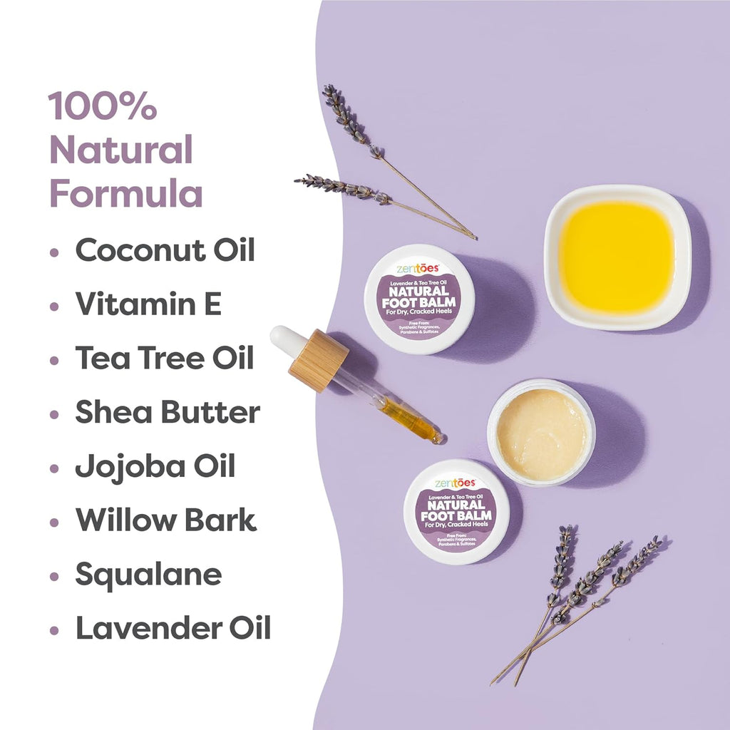 ZenToes Natural Foot Balm - Hydrating Cream for Dry, Cracked Heels & Feet | Enriched with Coconut & Tea Tree Oils | 2oz