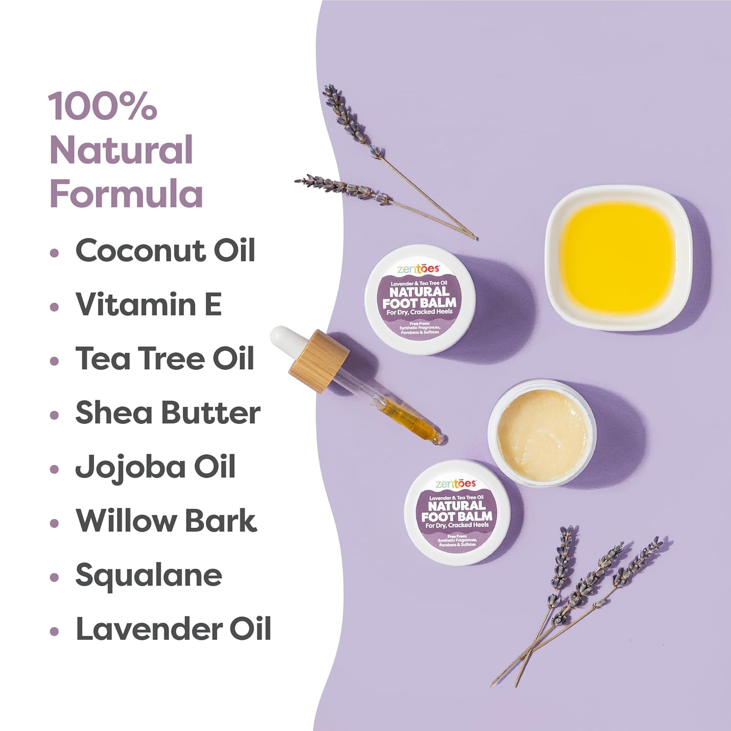 ZenToes Natural Foot Balm - Hydrating Cream for Dry, Cracked Heels & Feet | Enriched with Coconut & Tea Tree Oils | 2oz