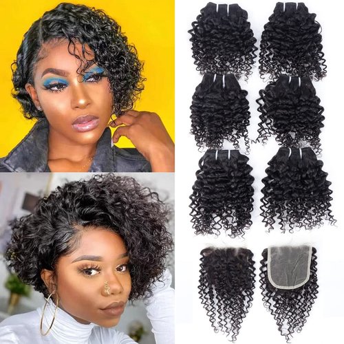 Kinky Curly Short Wavy Human Hair 6 Bundles with 4x4 Closure Brazilian Kinky Curly Bundles Human Hair Extensions Natural Color(8"8"8"8"8"8"+8")25g/Bundle